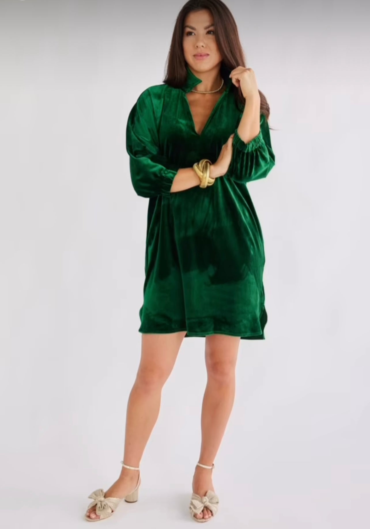 green velvet holiday dress Betsy Galina Tiered Halter neck Waist (2) stand collar dress Kid Size:24M