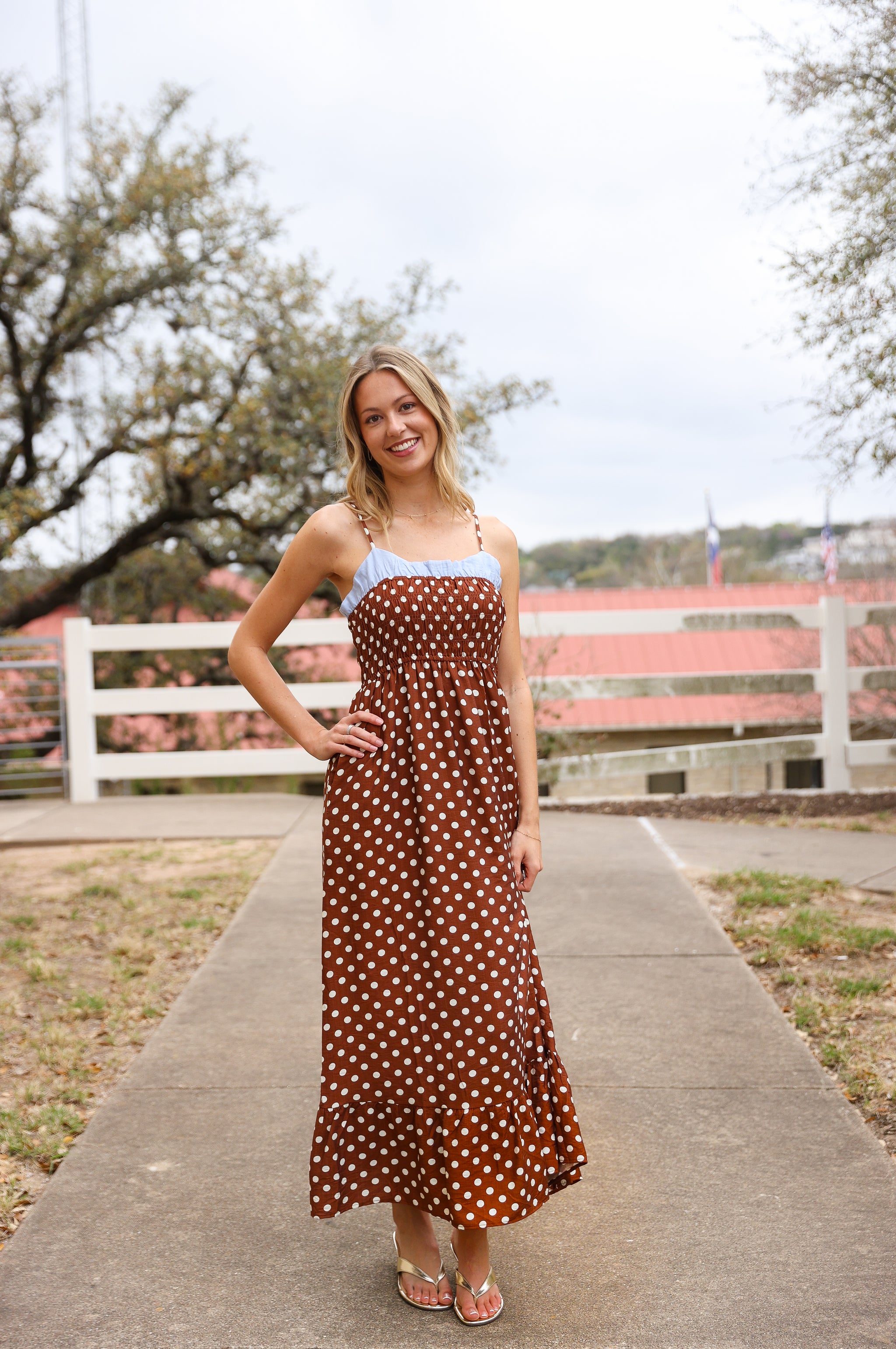 Evie Brown & Light Blue Polka Dot Maxi Dress Evie Brown & Light Blue Polka Dot Maxi Dress