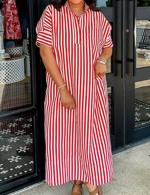 red and white striped midi dress Red Stripe Strapless Midi Dress - Event Dresses